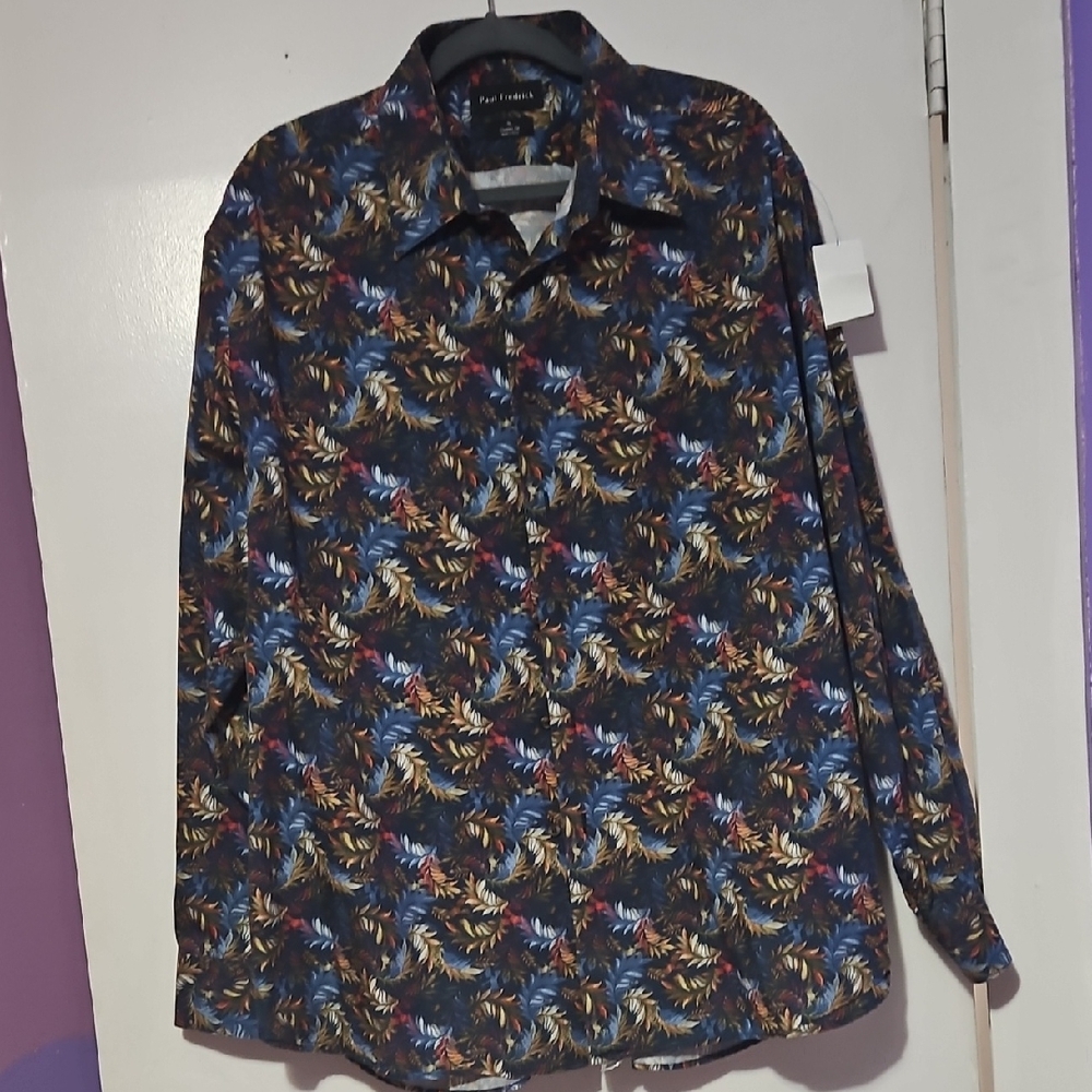 Paul Fredrick Navy Shirt with Multicolor Leaf Motif